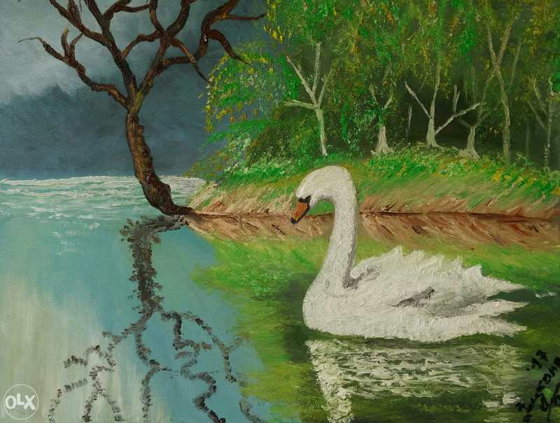 LABUD NA JEZERU - Ulje na platnu