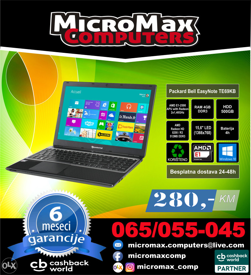 Laptop Packard Bell AMD E1-2500/4GB/500GB/15,6"